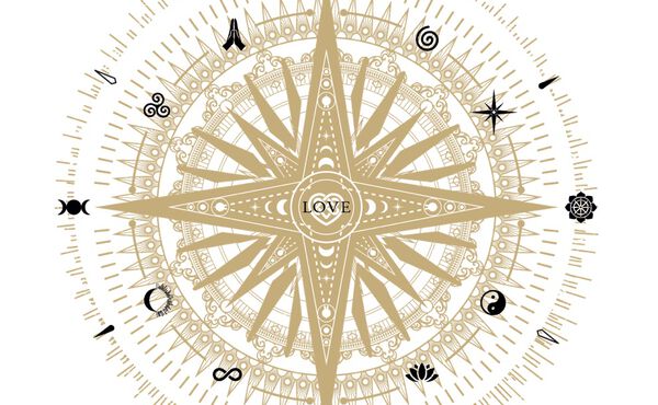 Illustration of the Rituals Compass with love at the centre and spiritual symbols around a golden starburst design.